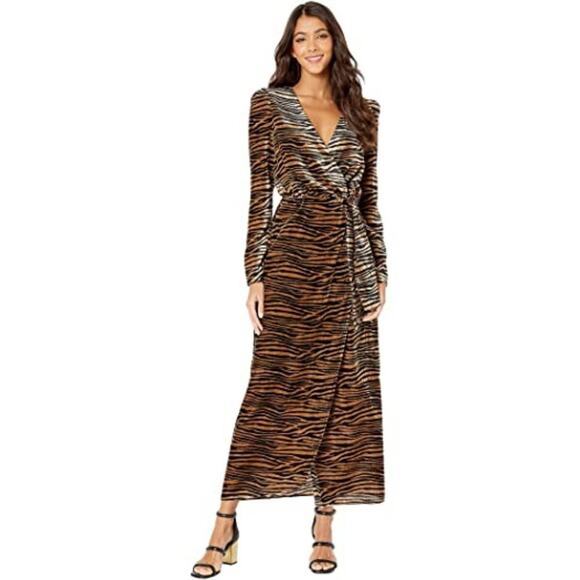 Wayf Arlene Midi Wrap Dress Long Sleeve Animal Print Black Brown Size XL NEW - Picture 1 of 11